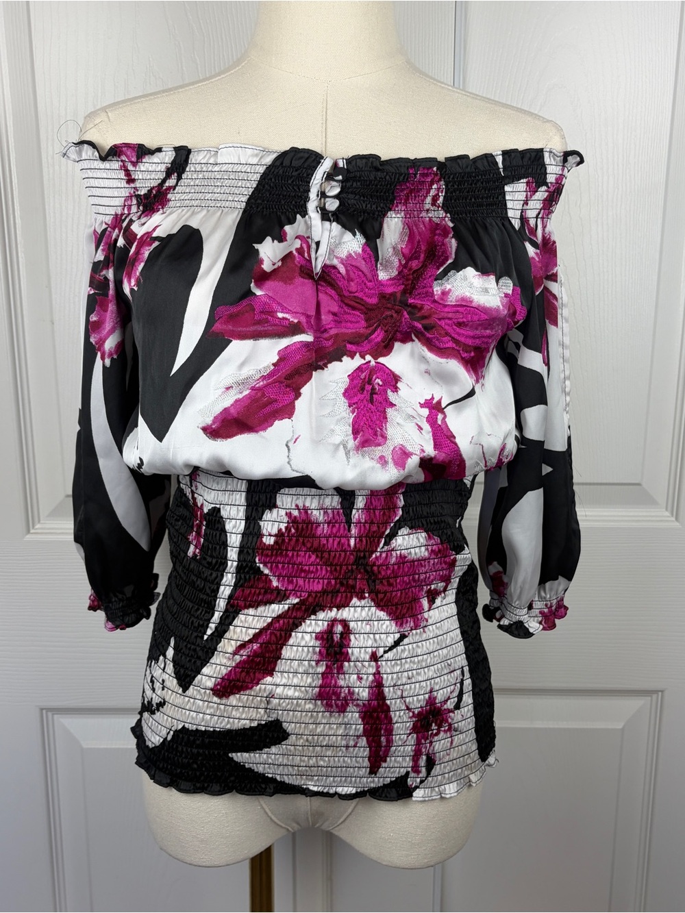 White House Black Market Off-Shoulder Floral Blouse in Magenta, Black, and White